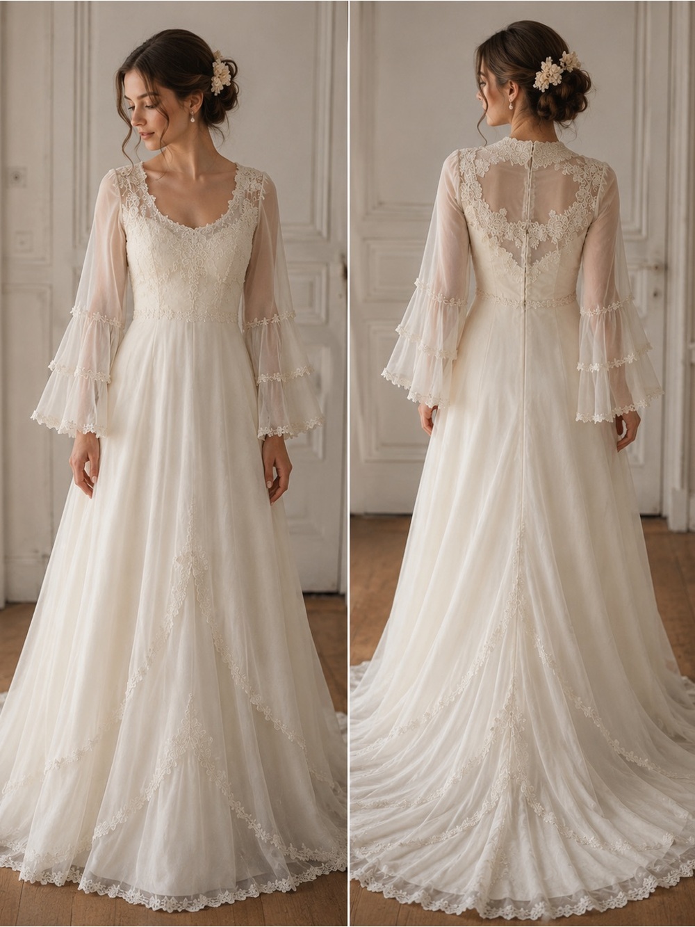 VTG Off White Chiffon Wedding Dress Bell Sleeves Train XS 2-4